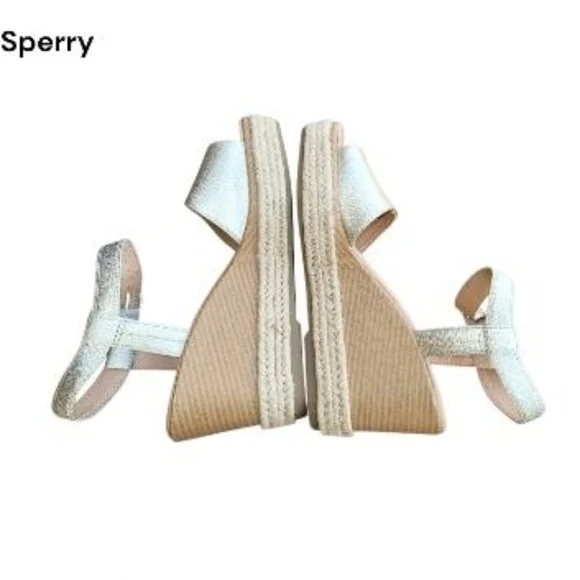 Sperry Topsider Plushwave Fairwater Metallic Gold Tan Leather Espadrille Wedge 9 - Picture 6 of 13